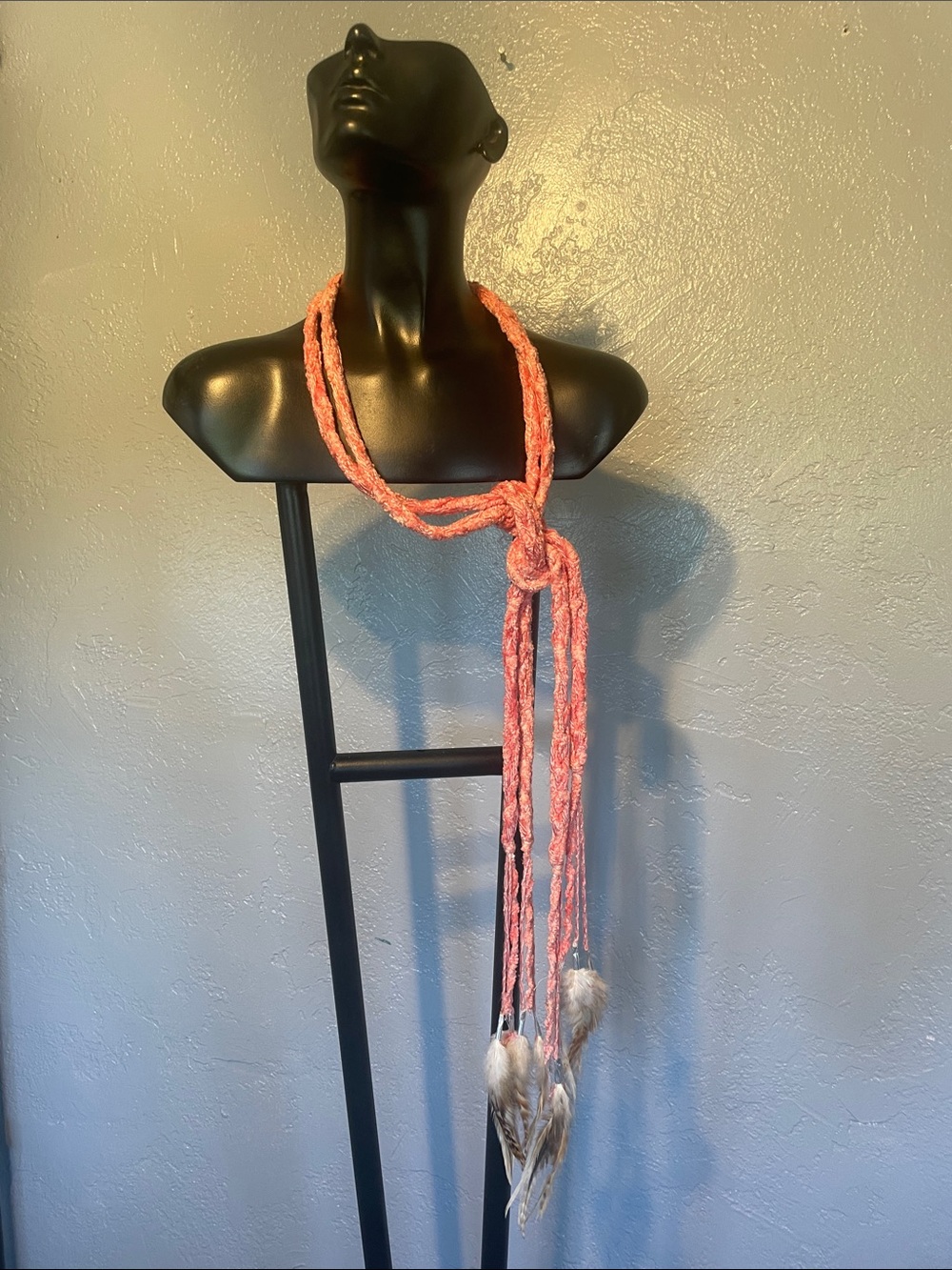 Handmade Coral Pink Braided Lariat Necklace  Scarf with Feather Tassels